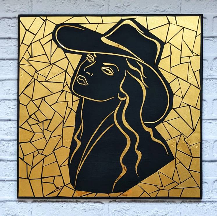 Картина дама в шляпе, зеркальная картина, панно из металла, арт