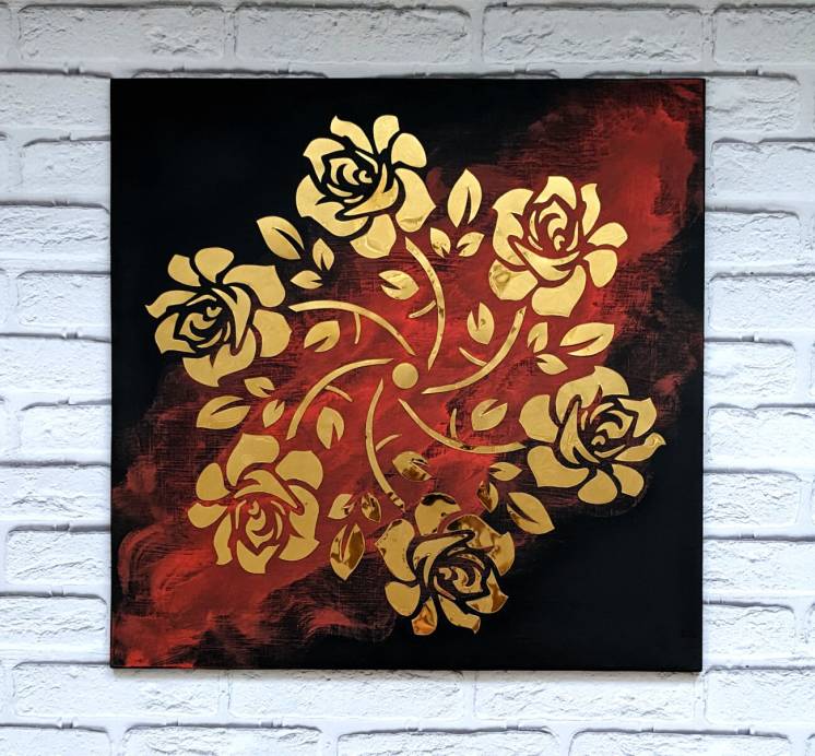 Картина золотая роза, панно из металла, зеркальное панно, арт металл