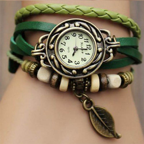 Шкіряний браслет з підвісками намистинками годинник