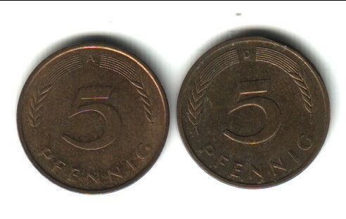 Німеччина, ФРН, 5 пфенігів, 2 шт., різні роки.