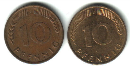Німеччина, ФРН, 10 пфенігів 1950/91 року.
