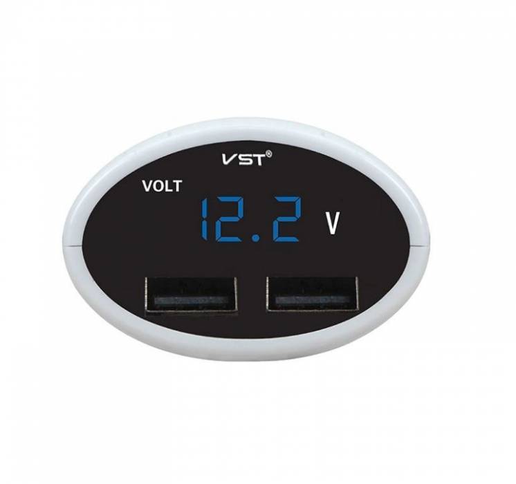Вольтметр, авто зарядка от прикуривателя VST, +2 USB Синяя индикация