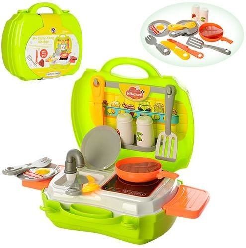 Детская кухня в чемодане, плита, мойка с краном, посудка продукты
