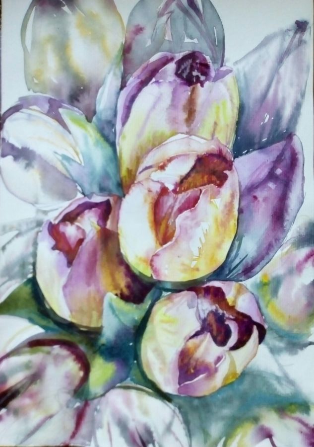 Картина акварелью ,, весенние тюльпаны