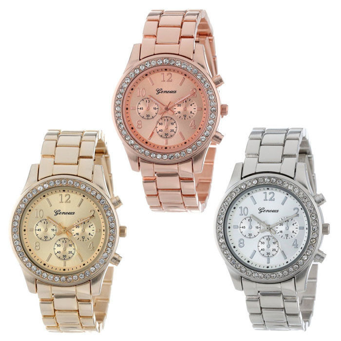 Женские стальные наручные часы Geneva со стразами 3 цвета