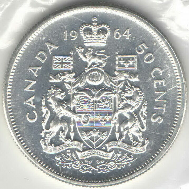 Канада 50 центов 1964 Серебро, UNC, Герб, Запайка из набора