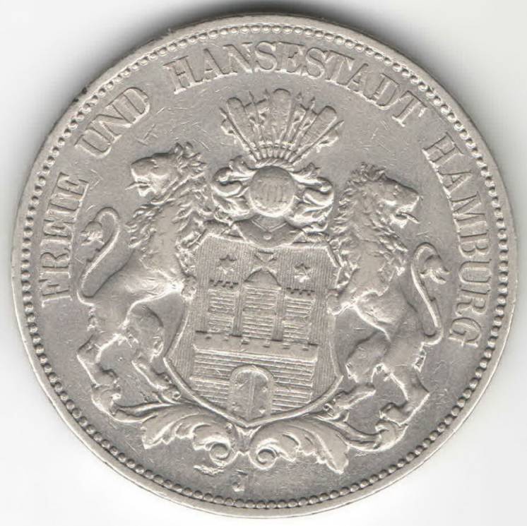 Германская империя 5 марок 1908 Гамбург серебро сохран.