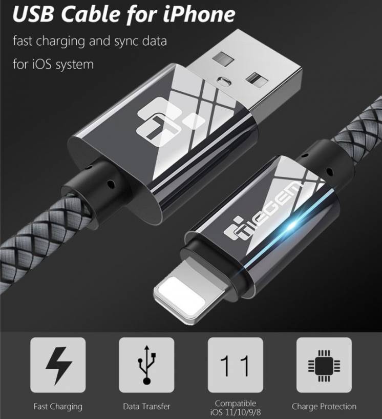 Кабель TIEGEM USB-Lightning для Apple iPhone, iPad, iPod, 8 pin