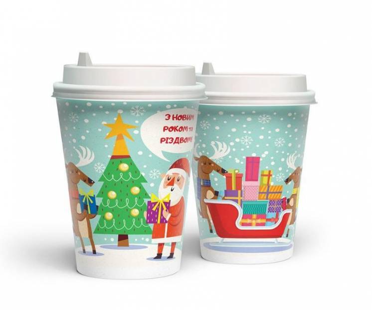 Новогодние праздничные бумажные стаканчики для кофе - стакан оптом