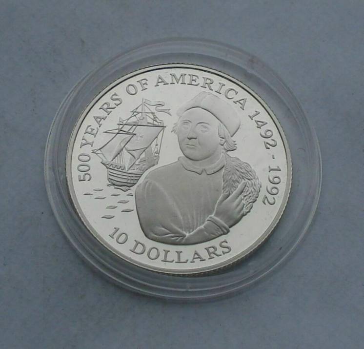 1990 г - 10 долларов,Острова Кука,Колумб,серебро