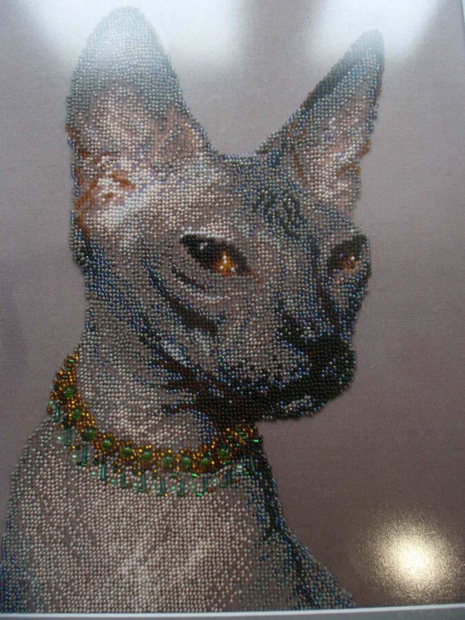 Картина ручной работы бисером кот сфинкс 45*38 см. вышивка сувенир