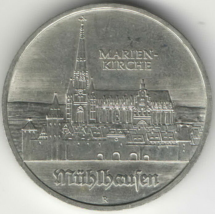 ГДР 5 марок, 1989 Церковь Св. Марии в Мюльхаузен, Томас Мюнцер