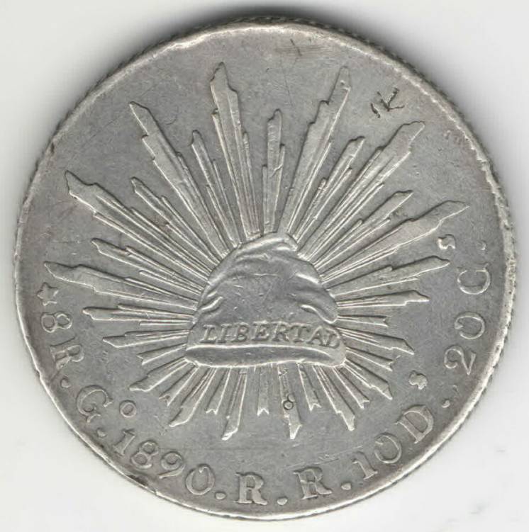 Мексика 8 реалов 1890 Go Гуанахуато Серебро Крупная монета