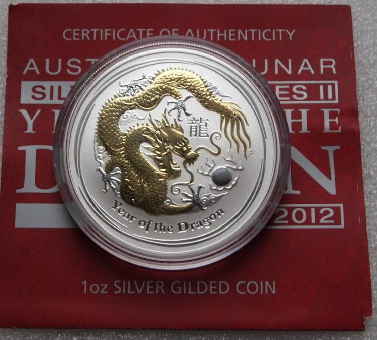 Серебряная монета с позолотой Год Дракона 1 унция