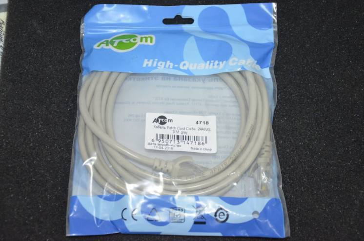 Патч -корд Atcom Cat5e Rj45 Utp 3м серый (4718) кабель для интернета