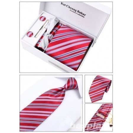 Красный яркий галстук в полоску в наборе с запонками GB005