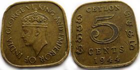 5 центов.Цейлон.1944 год.Георг VI.