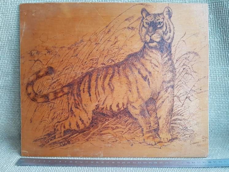 Картина на фанере, Тигр, выжигание, 37х30