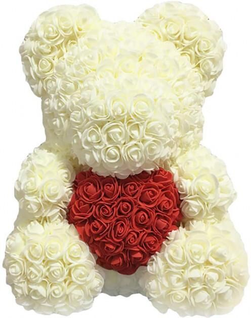 Мишка из роз Белый с сердцем 40 см