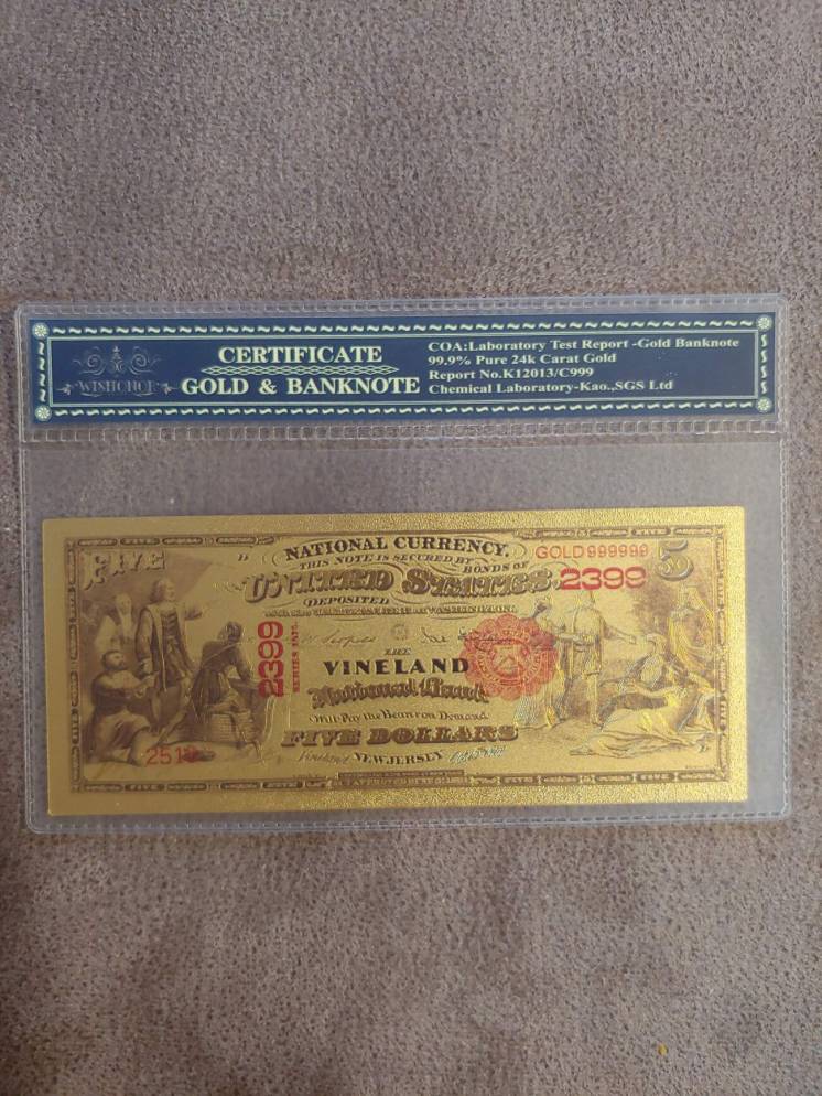 банкнота 5 долларов 1871 год США 24 каратное золото Вайнленд