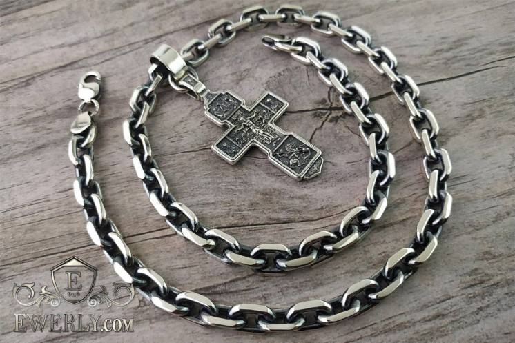 Серебряный мужской крест большой с цепочкой Якорная