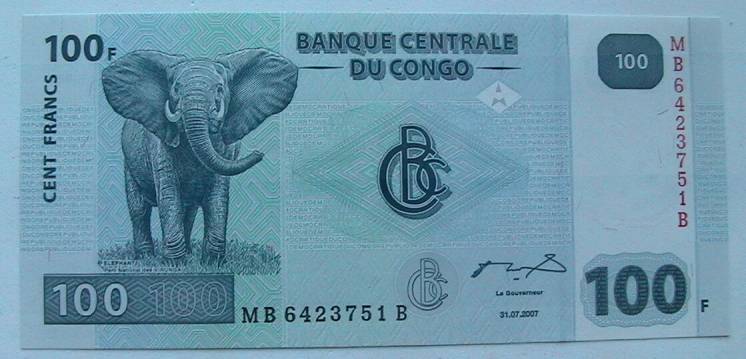 Конго 100 франков 2007 Слон ГЭС