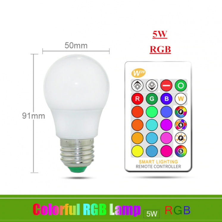 Лампа светодиодная цветная с пультом Е27 5W RGB LED, лампочка цветная