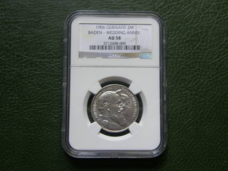 Монета Германия 2 Марки 1906г. Баден Юбилей Свадьбы в слабе NGC AU58