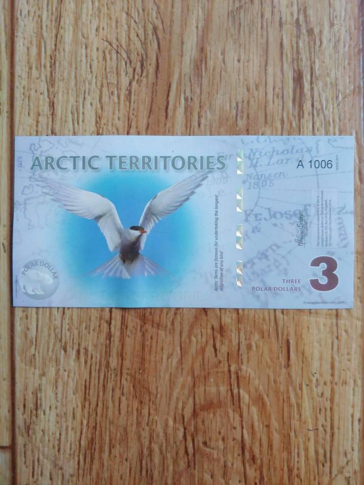 сувенирная банкнота 3 доллара 2011г. Арктические территории чайка