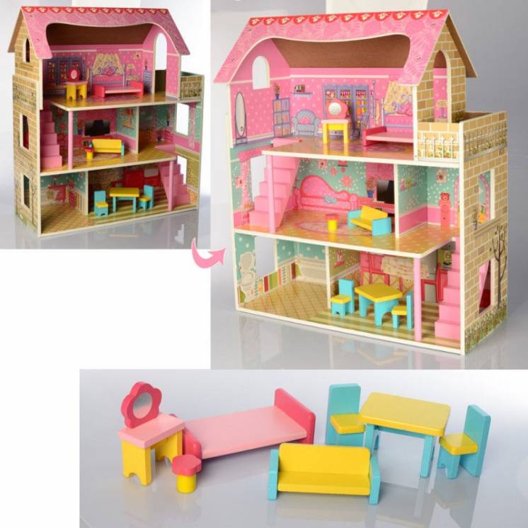 Деревянный трехэтажный домик для кукол с мебелью 2203