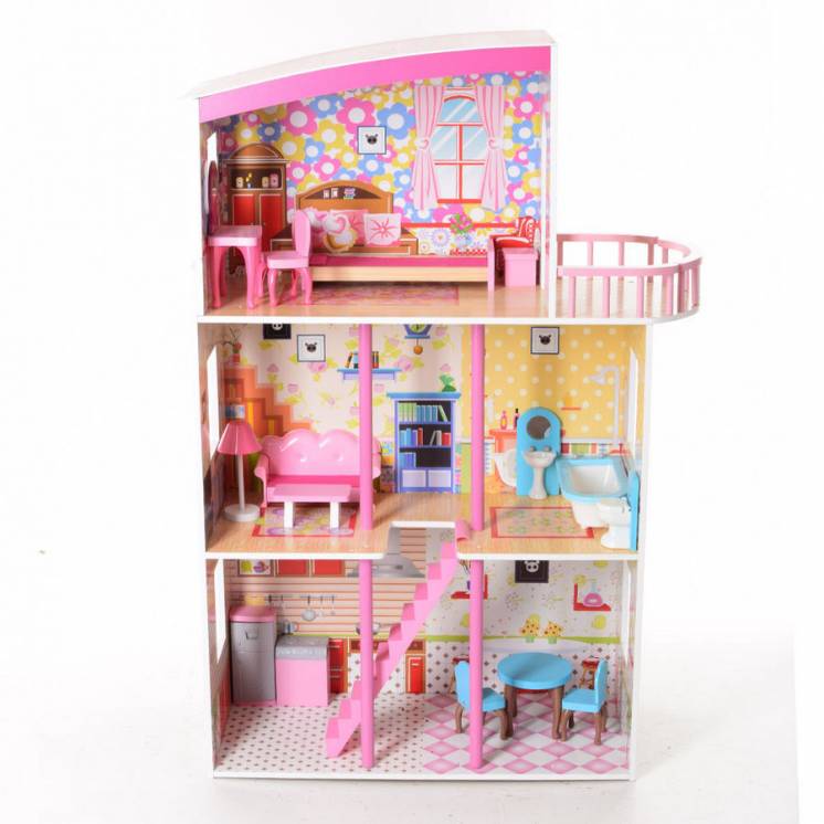 Деревянный трехэтажный домик для кукол с мебелью 2411