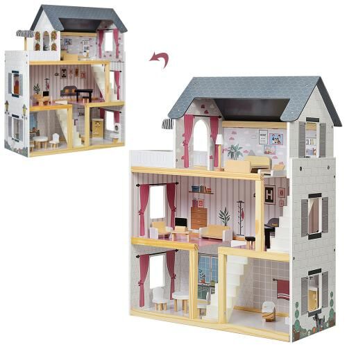 Деревянный домик для кукол MD 2669 трехэтажный с мебелью