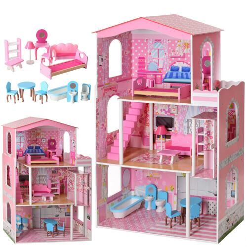 Деревянный трехэтажный домик для кукол с мебелью MD 2413