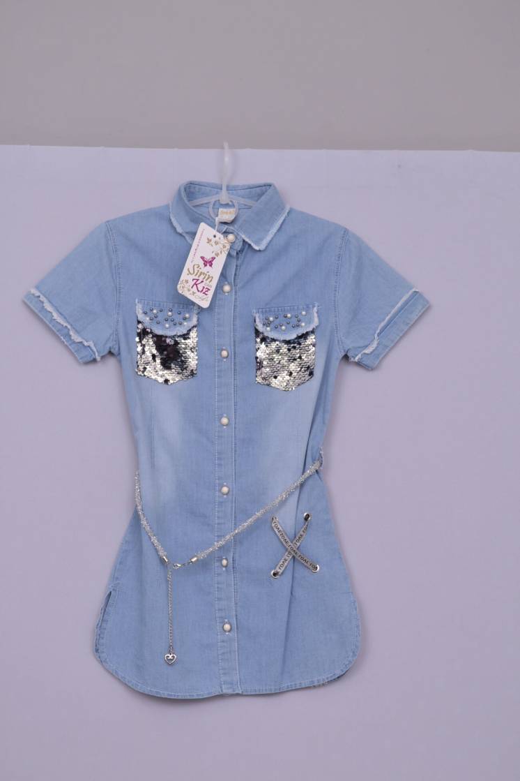 Крутое Платье-рубашка для девочки из тонкого джинса Л-157 рост 140 146