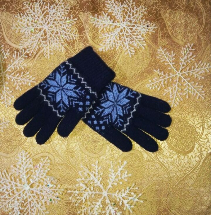Перчатки теплые вязанные синие, на 12-14 лет