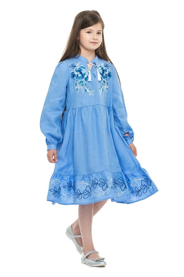 Сукня для дівчинки Піона (льон блакитний)