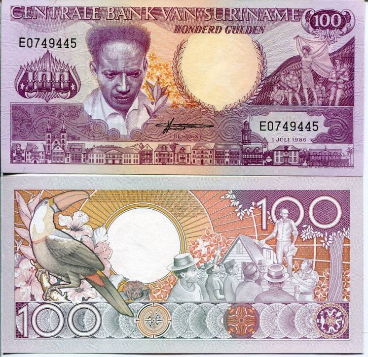 Банкнота  Суринам 100 гульденов UNC пресс Птица