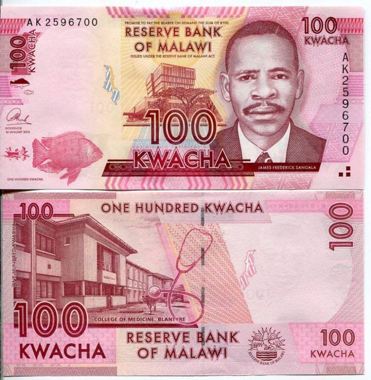 Банкнота   Малави 100 квача UNC пресс Рыба