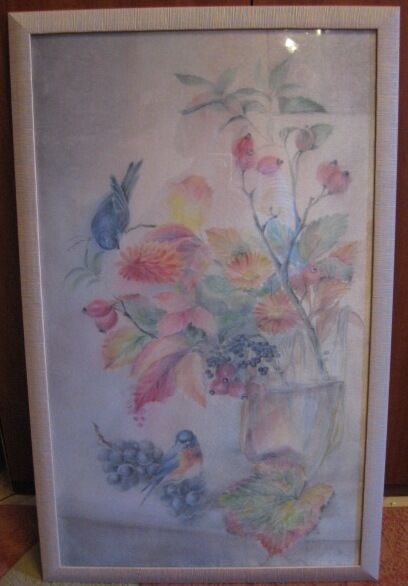 Картина Птицы и цветы, роспись по шелку, 50х80см, в раме под стеклом