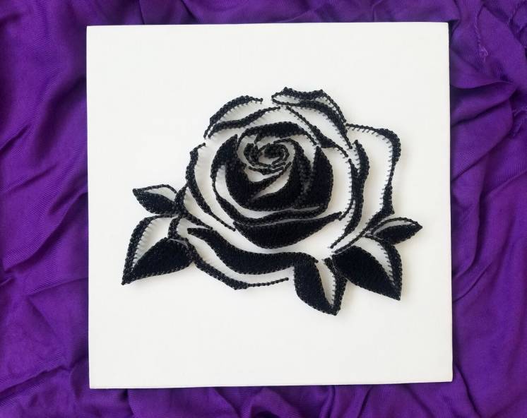Картина роза, Цветочная мандала, белый декор, стринг арт черная роза