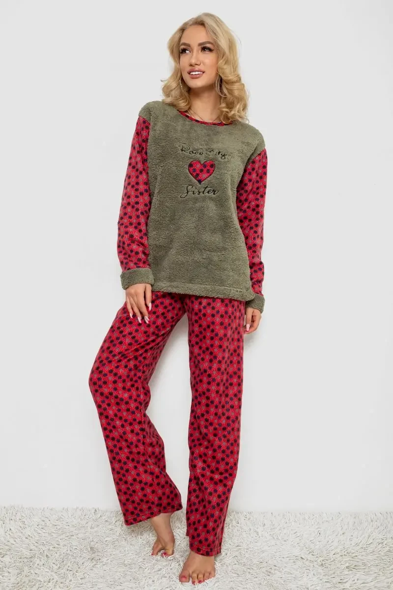 Піжама жіноча махра, колір оливково-червоний, 238R58435