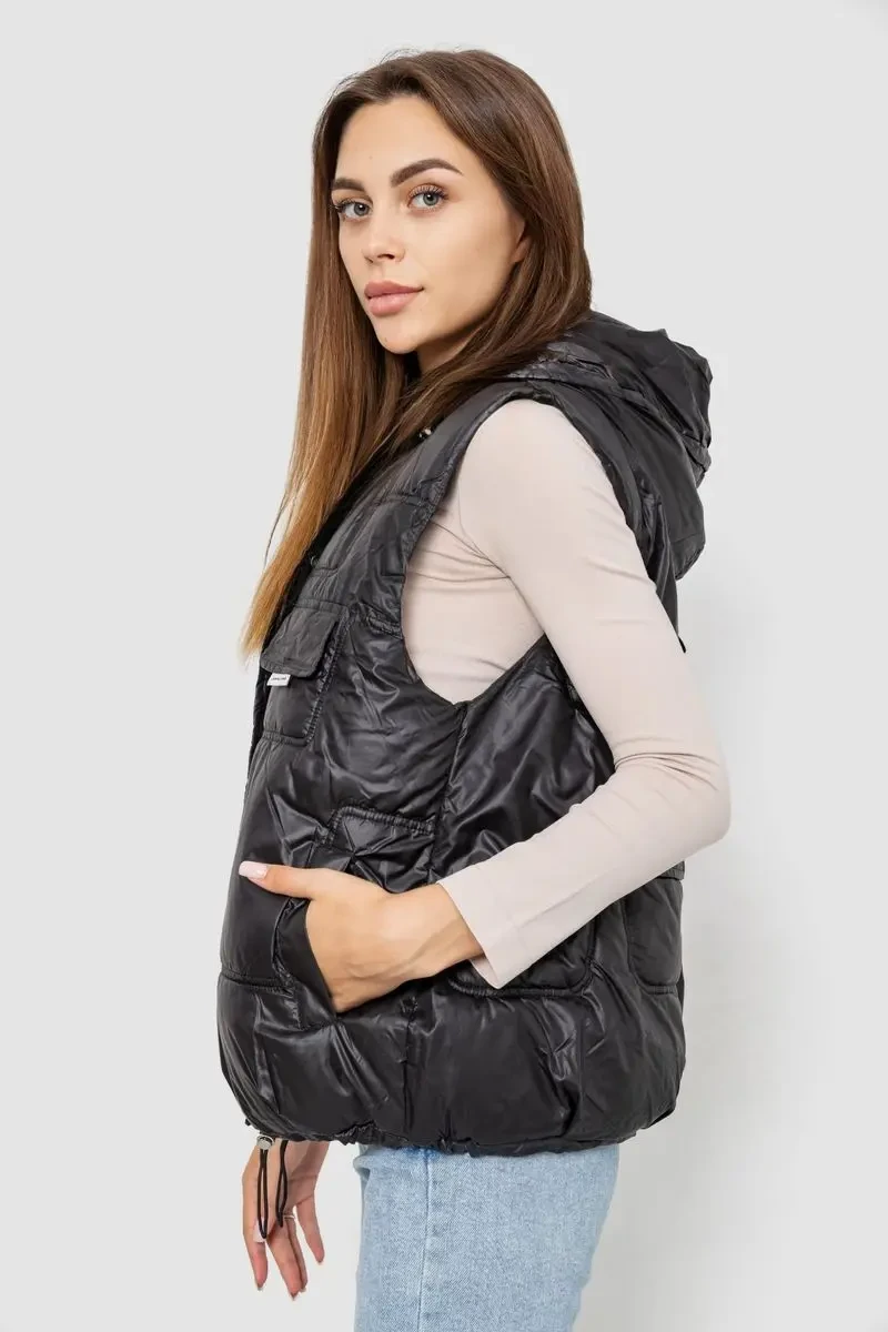 Жилет жіночий однотонний з капюшоном, колір чорний, 244R810 3