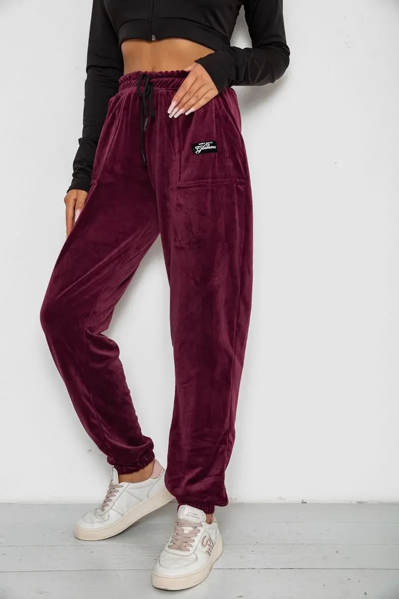 Спортивні штани велюрові жіночі на флісі, колір бордовий, 238R58649-1 3
