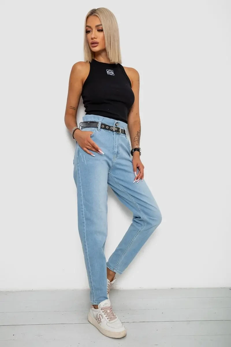 Джинси жіночі з поясом на резинці, колір блакитний, 244R00154 2