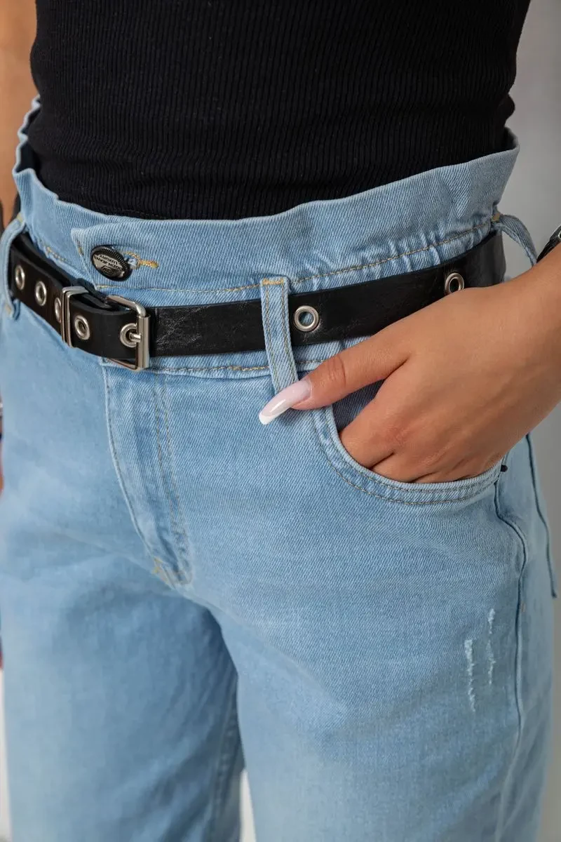 Джинси жіночі з поясом на резинці, колір блакитний, 244R00154 5