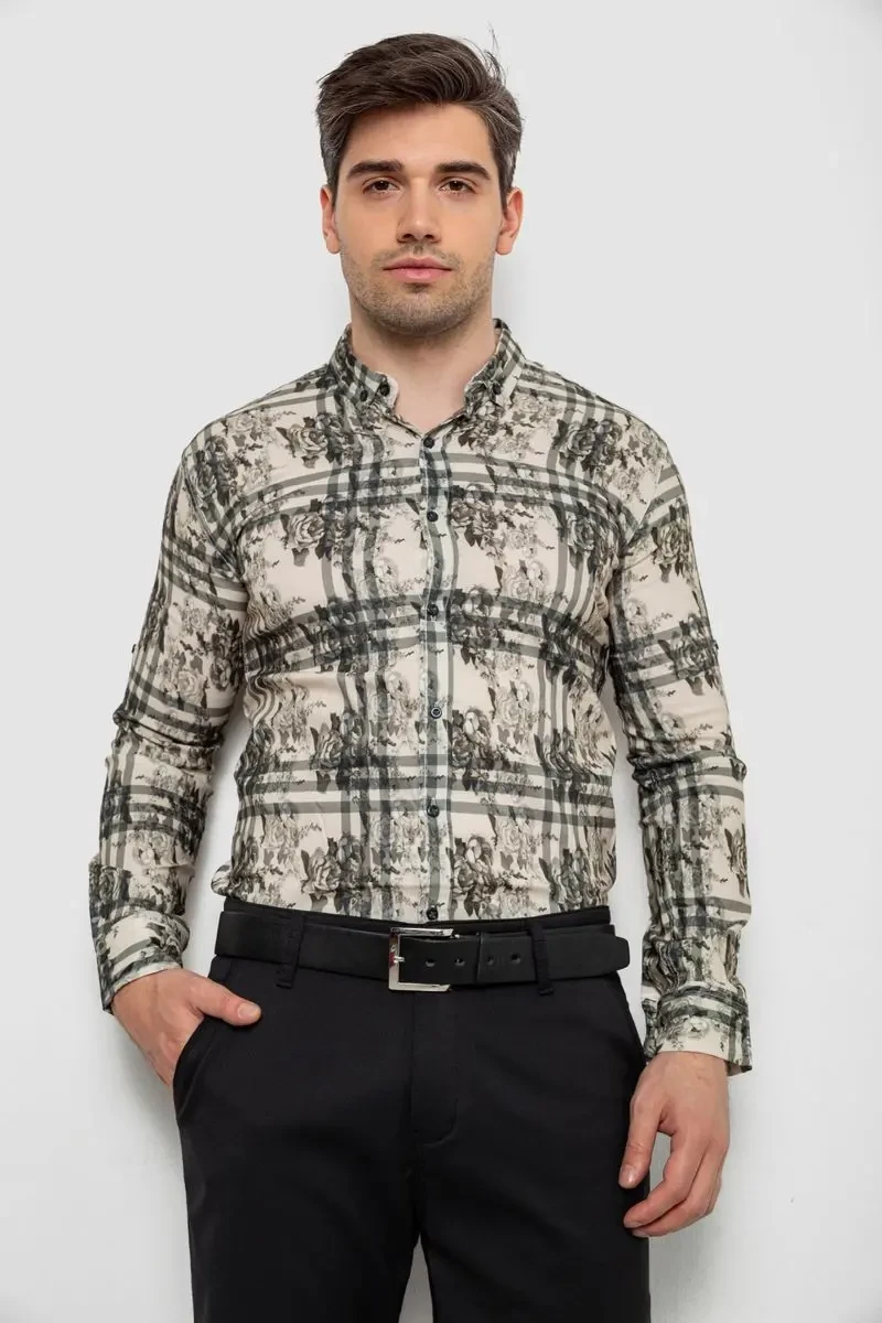 Сорочка чоловіча з принтом, колір оливковий, 214R1038
