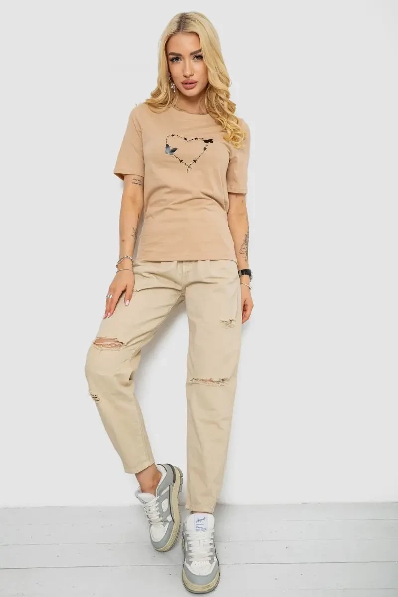 Жіноча футболка з принтом, колір бежевий, 241R125 2