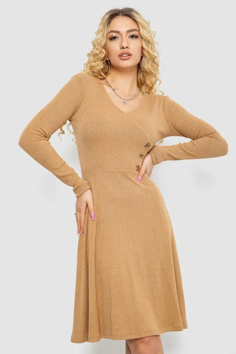 Сукня трикотажна з оборкою, колір бежевий, 230R0113