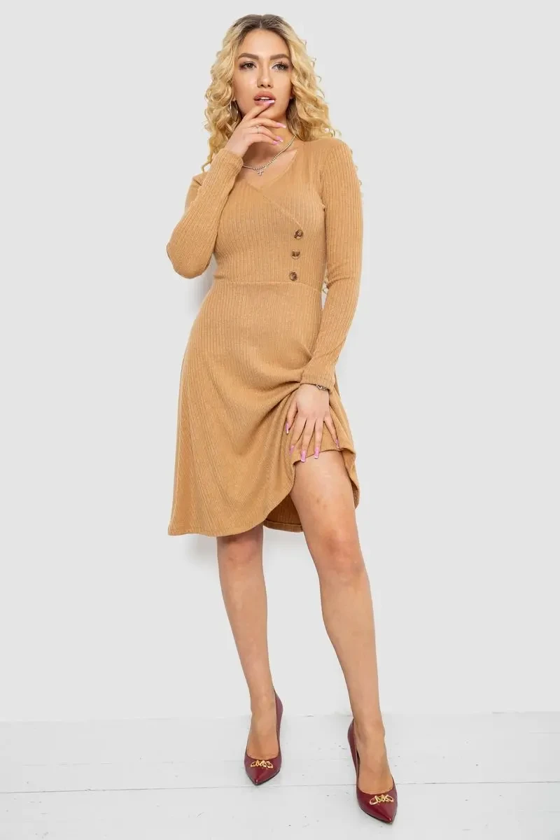 Сукня трикотажна з оборкою, колір бежевий, 230R0113 2