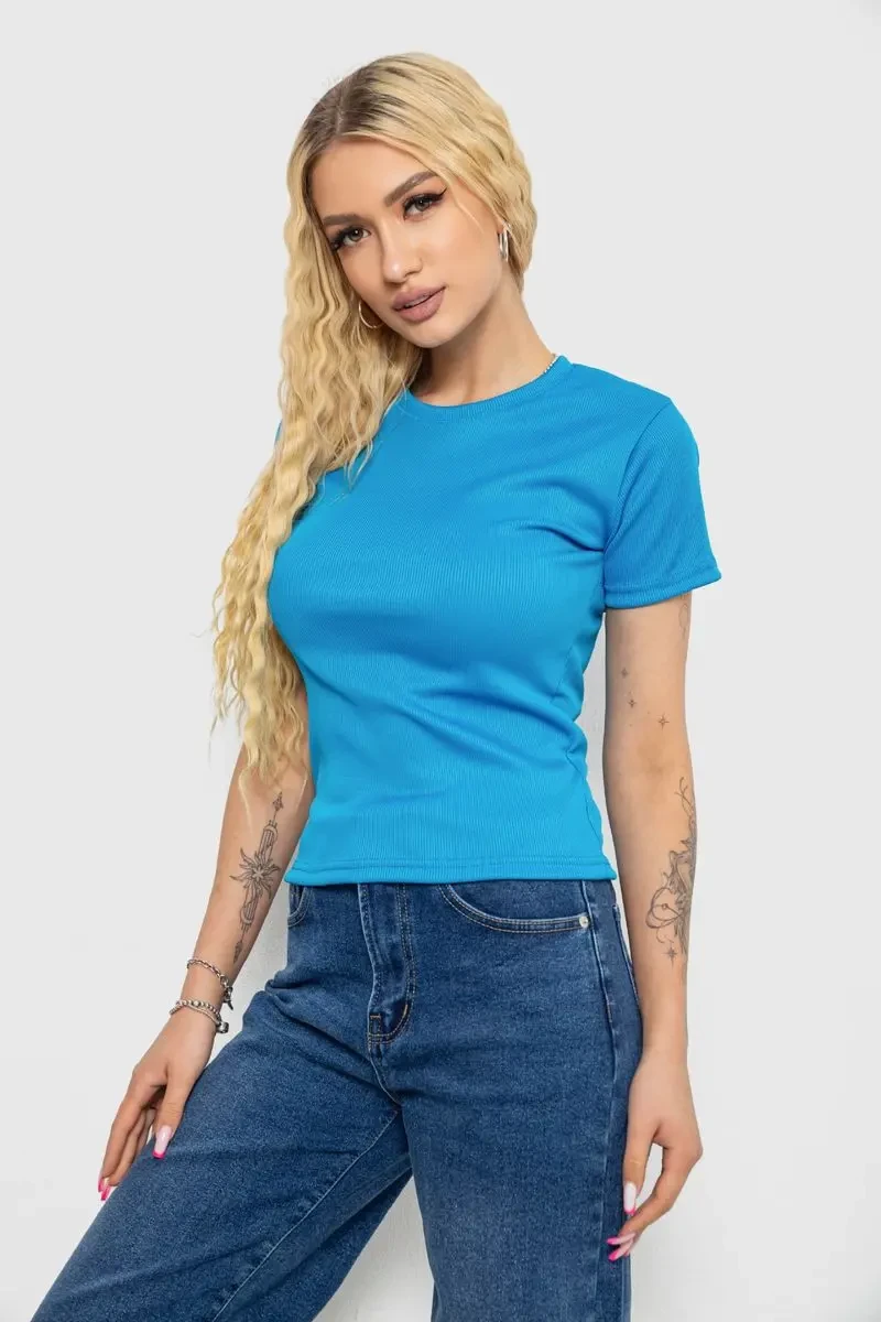 Футболка жіноча в рубчик, колір темно-блакитний, 238R123-2 3